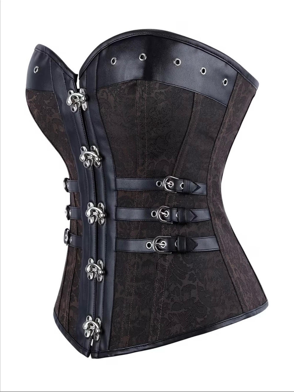 Black Small Brocade Boned Corset with Hook Closures - Picture 2 of 5